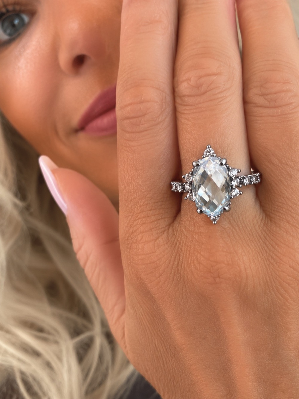 Love Wins Again Hematite Plated Clear Oval Cubic Zirconia Cocktail Ring